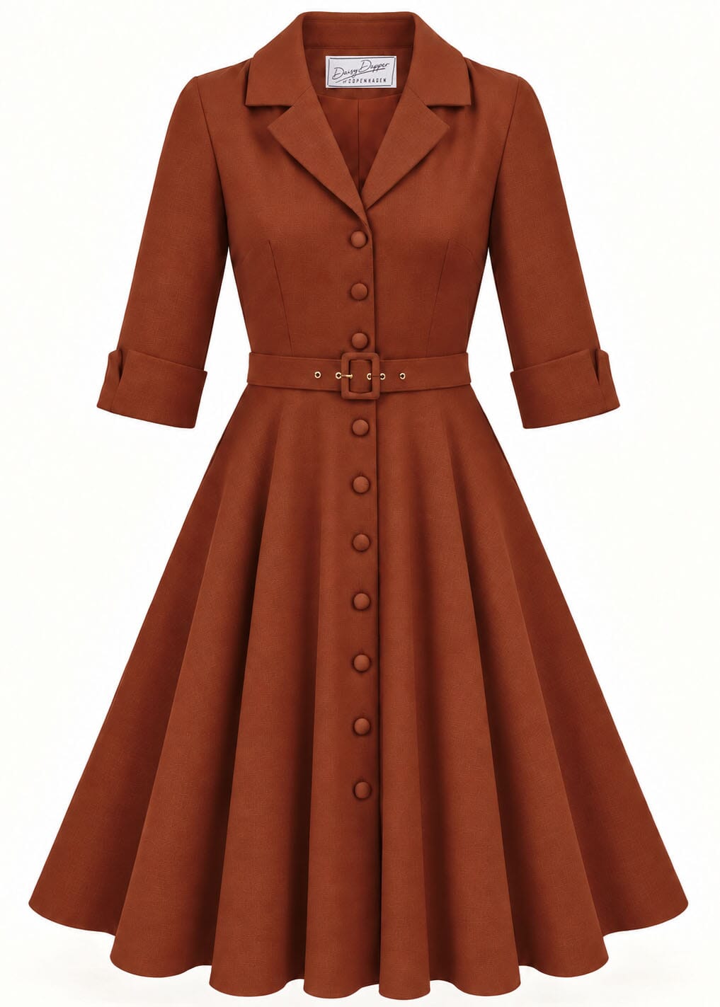 Kelly 1950er swing kjole - cognac linen look skjortekjole Daisy Dapper 