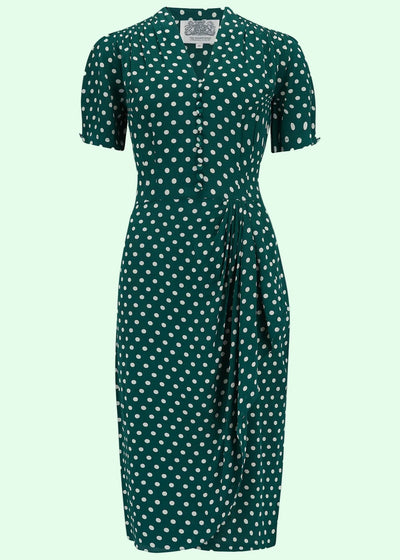 Mabel 1940'er kjole i grøn med prikker pencil kjole Seamstress Of Bloomsbury 