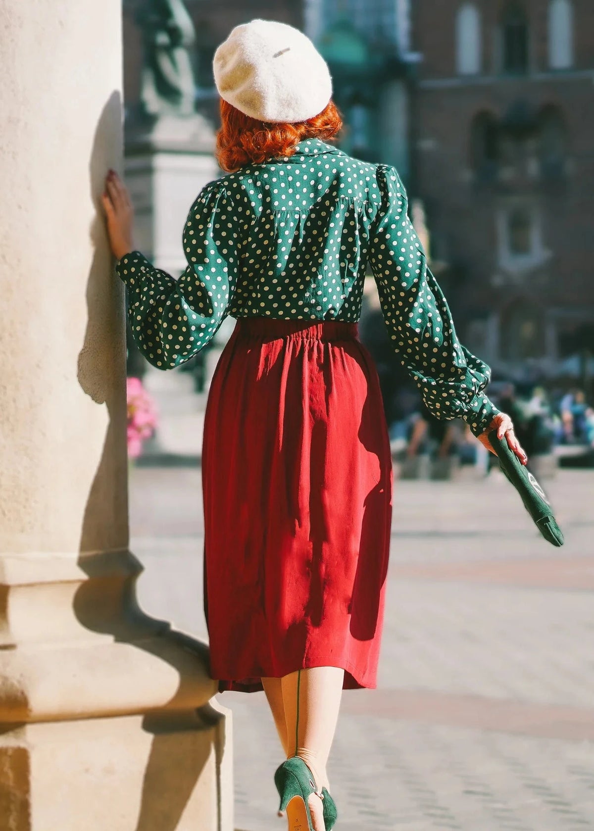 Poppy vintage stils skjortebluse - grøn med prikker langærmet skjorte Seamstress Of Bloomsbury 