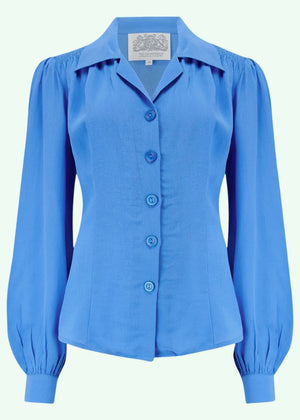 Poppy vintage stils skjortebluse i Palace Blue langærmet skjorte Seamstress Of Bloomsbury 