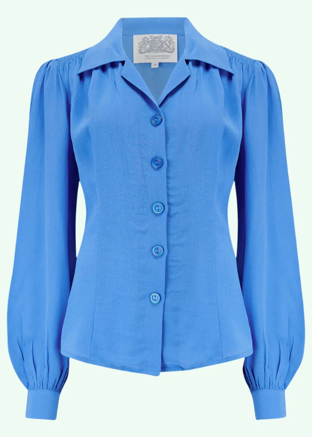 Poppy vintage stils skjortebluse i Palace Blue langærmet skjorte Seamstress Of Bloomsbury 