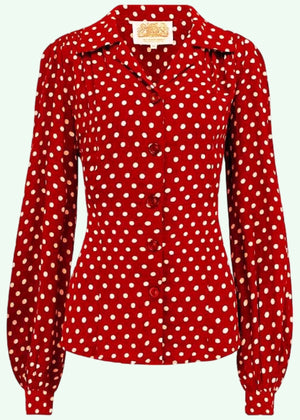 Poppy vintage stils skjortebluse i rød med prikker langærmet skjorte Seamstress Of Bloomsbury 