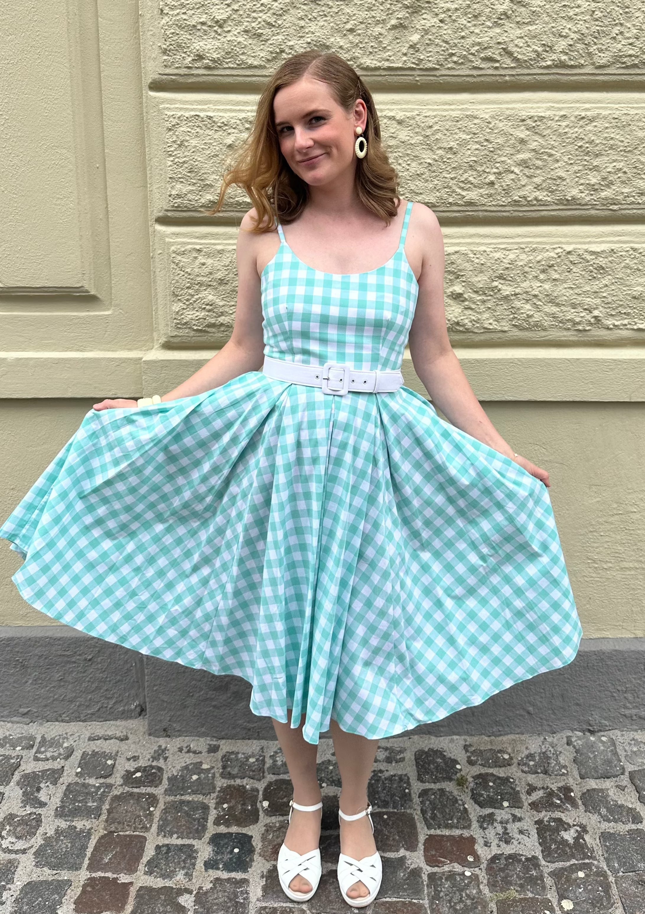 Priscilla swingkjole i store mint gingham tern Kjoler Pretty Dress Company 