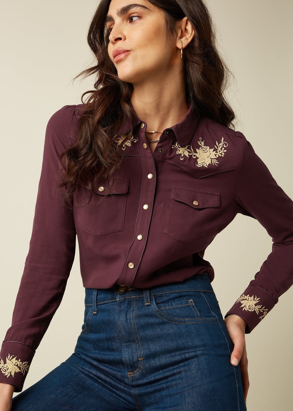 Rosetta western skjorte med broderi - bordeaux langærmet skjorte King Louie 