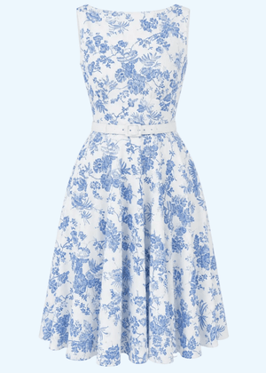 Ruby boatneck swingkjole - hvid med blå blomster swing kjole Daisy Dapper 