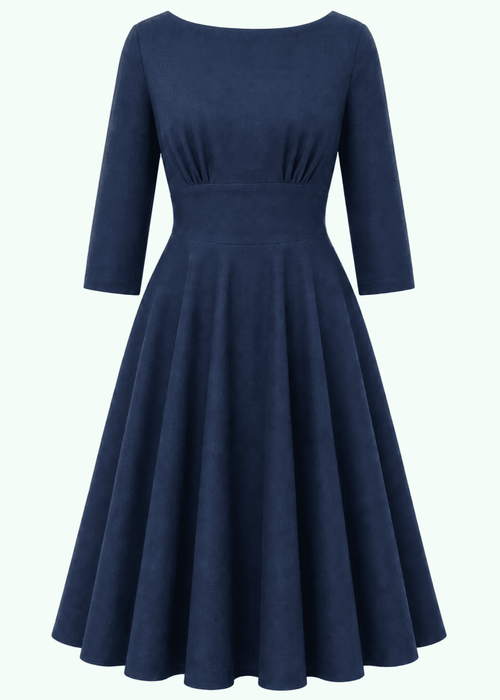 Ruby boatneck swingkjole med 3/4 ærmer - navy linen look