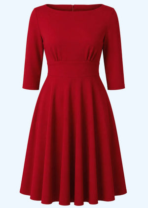 Ruby boatneck swingkjole med 3/4 ærmer - rød linen look swing kjole Daisy Dapper 