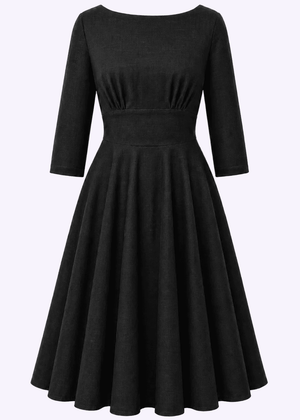 Ruby boatneck swingkjole med 3/4 ærmer - sort linen look swing kjole Daisy Dapper 