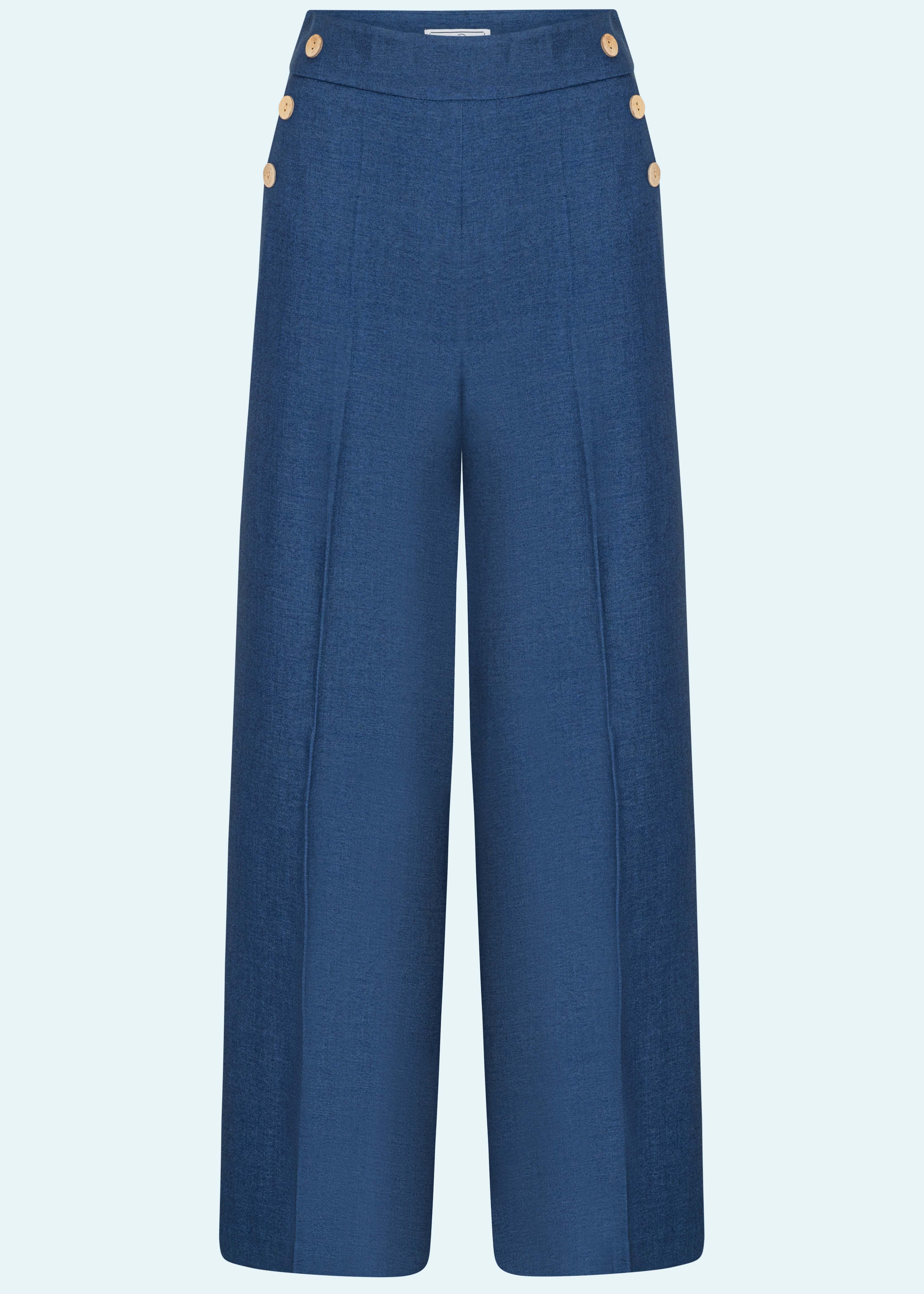 Sally højtaljede bukser med knapper i blå denim-look bukser Daisy Dapper 