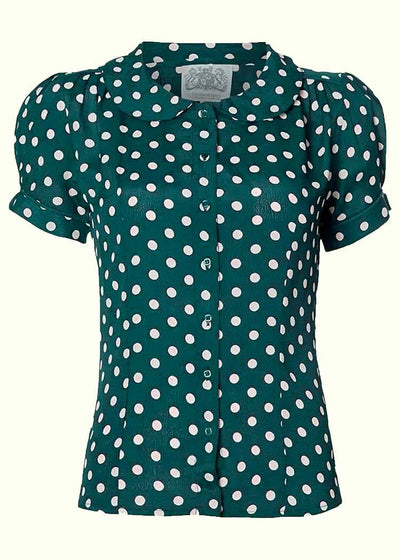 Bloomsbury: Jive skjorte med rund krave i grøn med polka prikker toej Seamstress Of Bloomsbury 