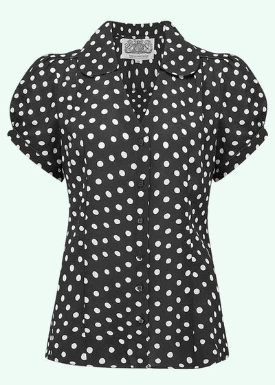 Bloomsbury: Judy skjorte med V-hals i sort med små prikker toej Seamstress Of Bloomsbury 