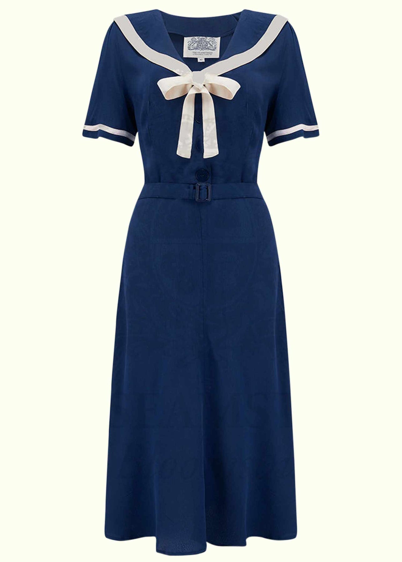 tornado Memo procedure Patti A-line kjole i navy hvid bindesløjfe fra Seamstress of Bloomsbury