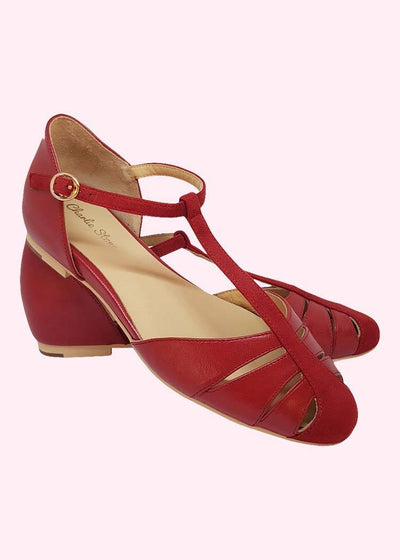 Charlie Stone: 'Toscana' lav vintage stils sko med T-rem i rød læder sko Charlie Stone 