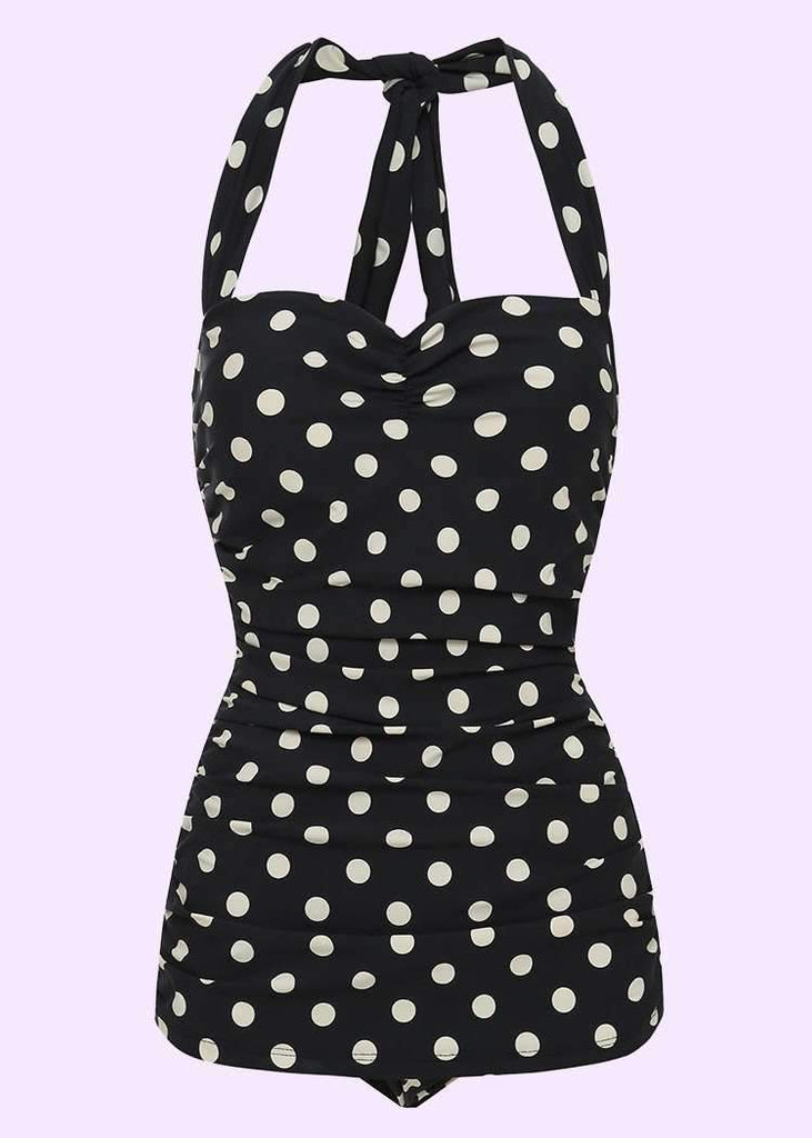 Esther Williams: Black 50s swimsuit with white dots toej mondokaos