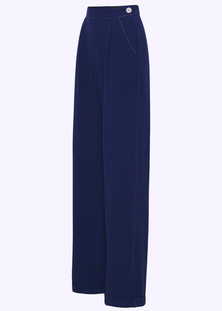 House Of Foxy: Hepburn High Waisted Pants In Navy Blue (ONLINE EXCLUSIVE)