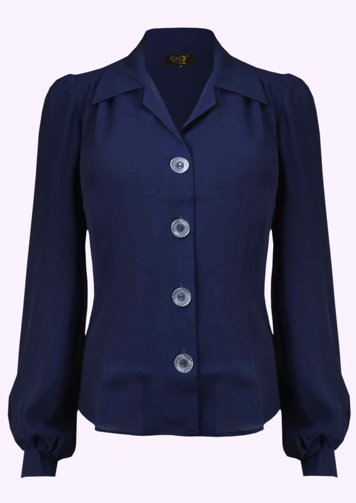House of Foxy: Long-sleeved shirt blouse in navy blue fabric Mondo Kaos