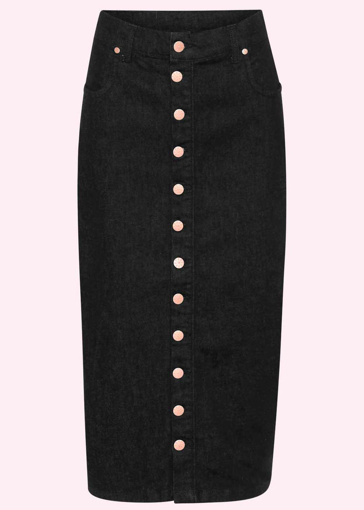 Lady K Loves: Wanda Button Up Denim Pencil Skirt in Black (ONLINE EXCLUSIVE)