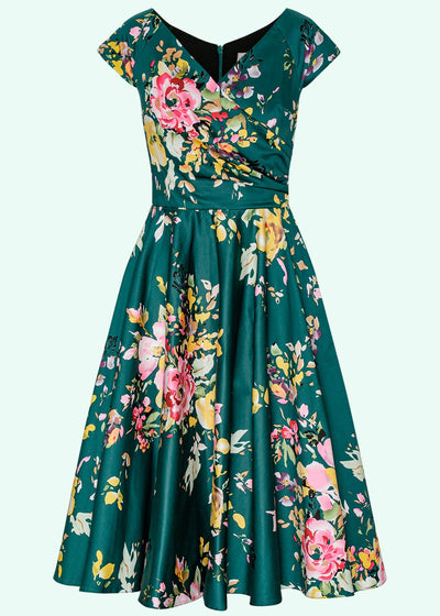 Pretty Dress Company: 1950'er Hourglass swingkjole i grøn med blomsterprint toej Pretty Dress Company 