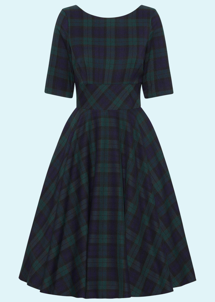 Pretty Dress Company: Hepburn swing dress in navy and green check Mondo Kaos