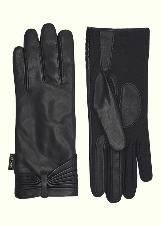 Rhanders Gloves: Leather gloves in black with bow pleats and lycra