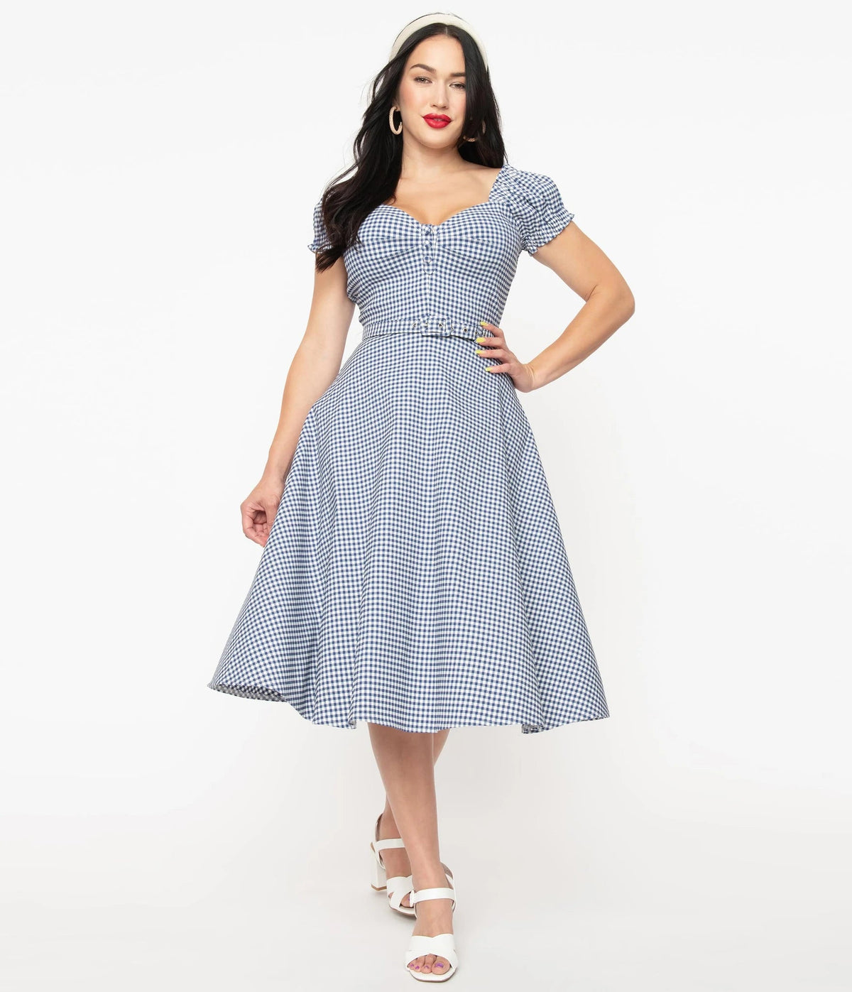 Unique Vintage: Ohara swingkjole i små blå gingham tern Unique Vintage 