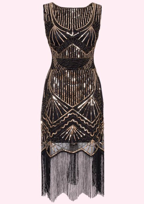 Unique Vintage: Therese flapper kjole i sort og guld (ONLINE EXCLUSIVE)